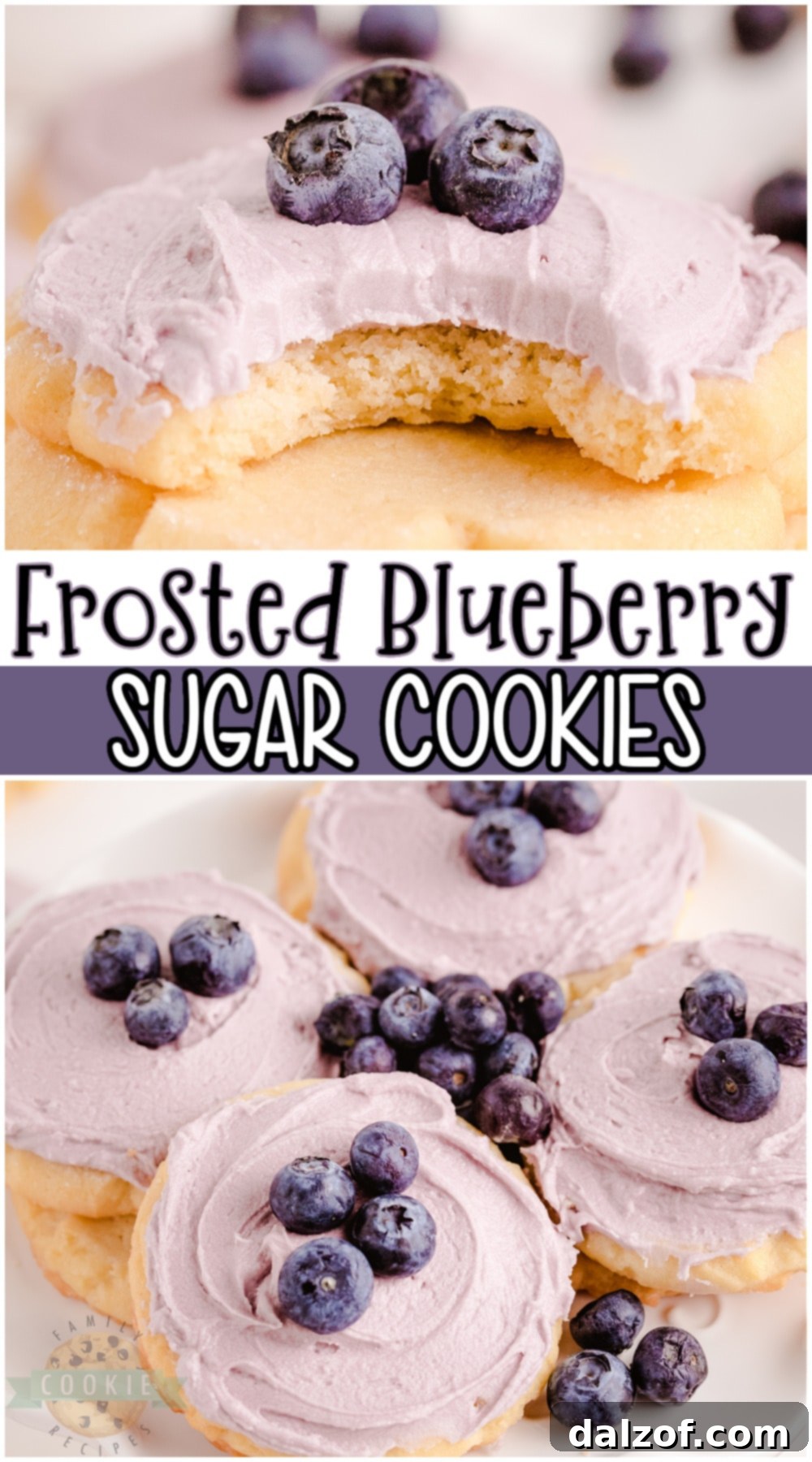A beautifully frosted blueberry sugar cookie, close-up, with a vibrant blue frosting and rough edges, ready to be enjoyed.