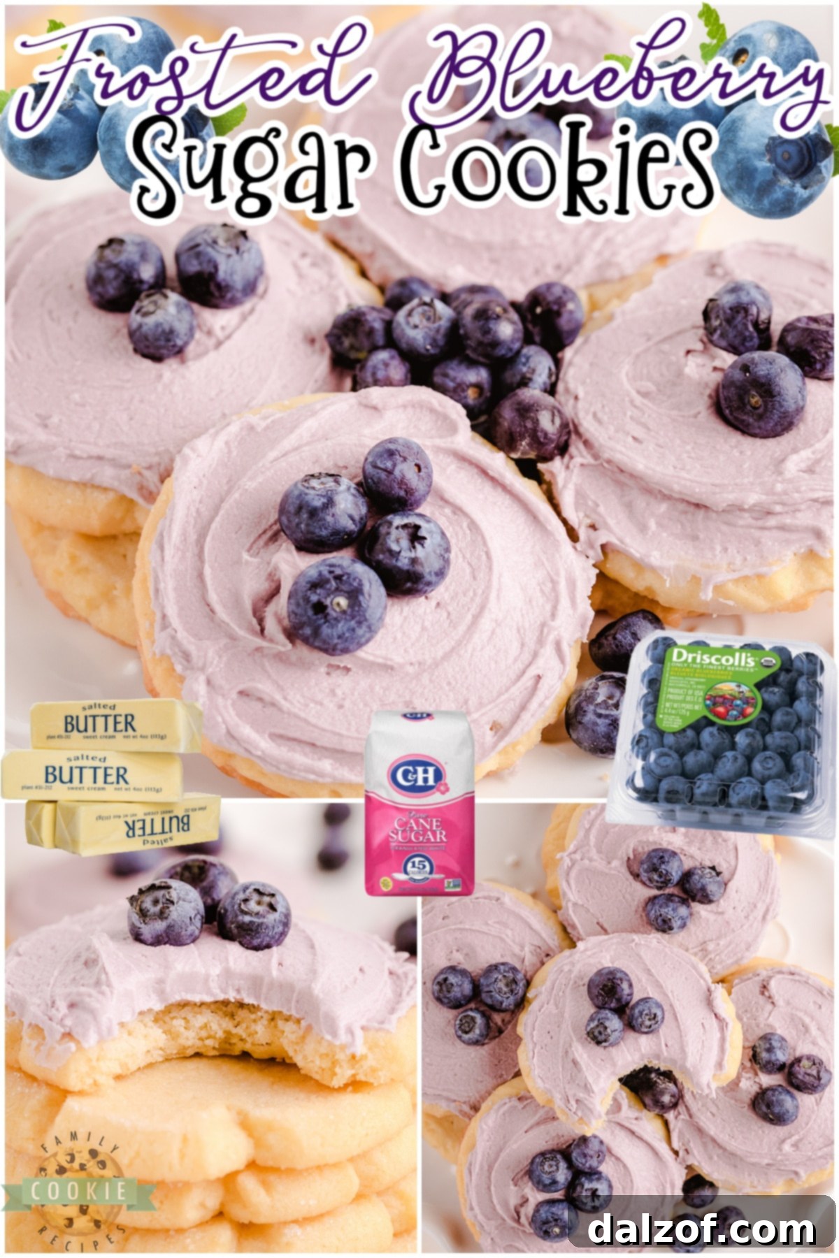 An appetizing collage of various blueberry sugar cookies, highlighting their beautiful frosting and soft texture.