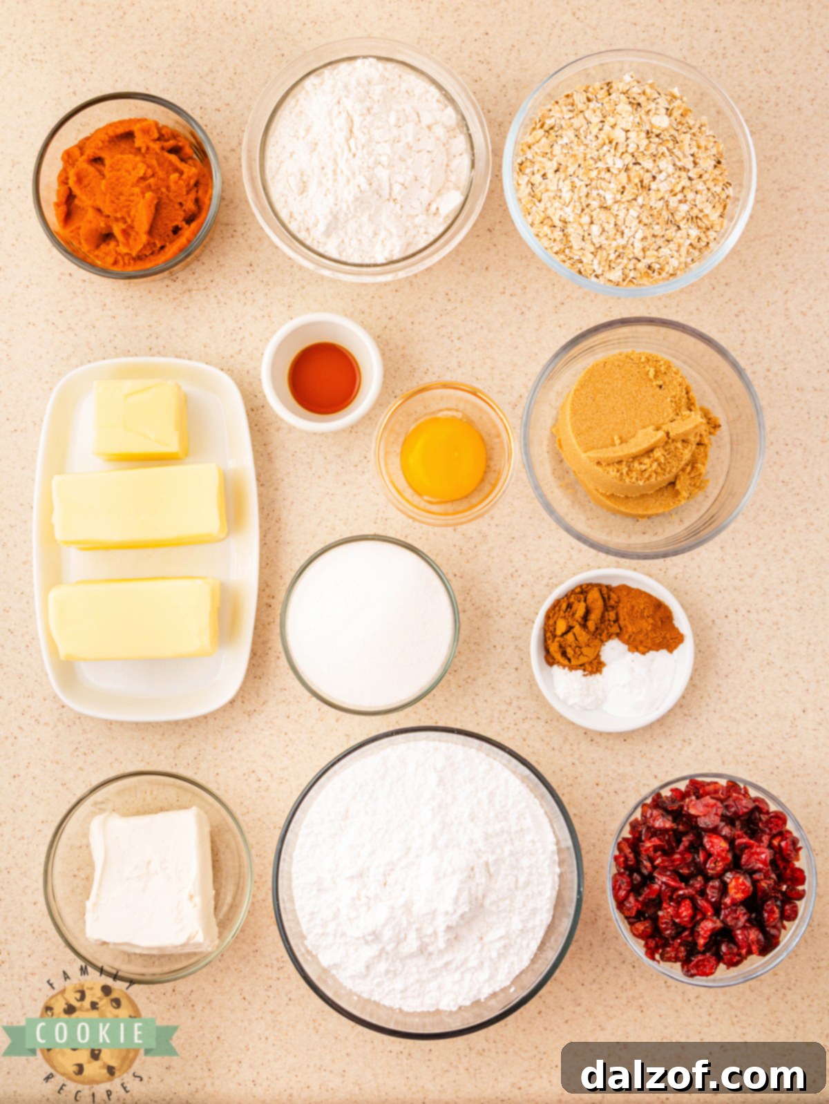 Ingredients for Pumpkin Oatmeal Cranberry Sandwich Cookies recipe.