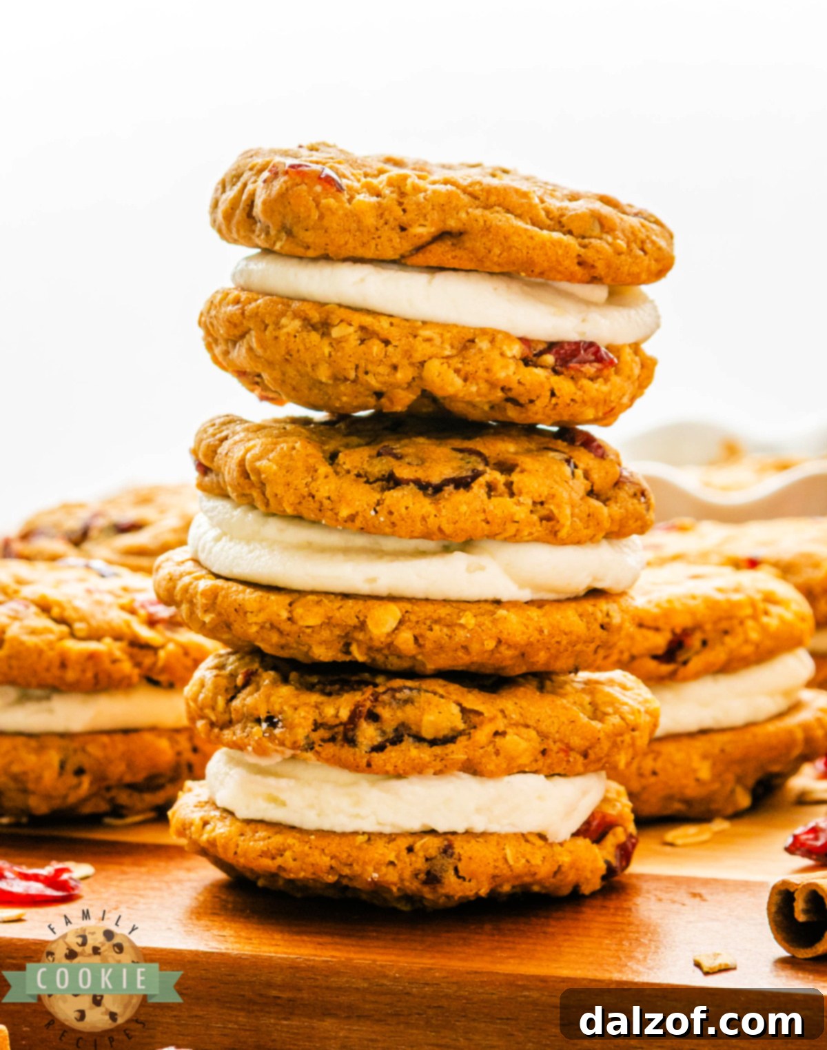 Soft pumpkin oatmeal cookies with dried cranberries and creamy frosting filling stacked on a plate.