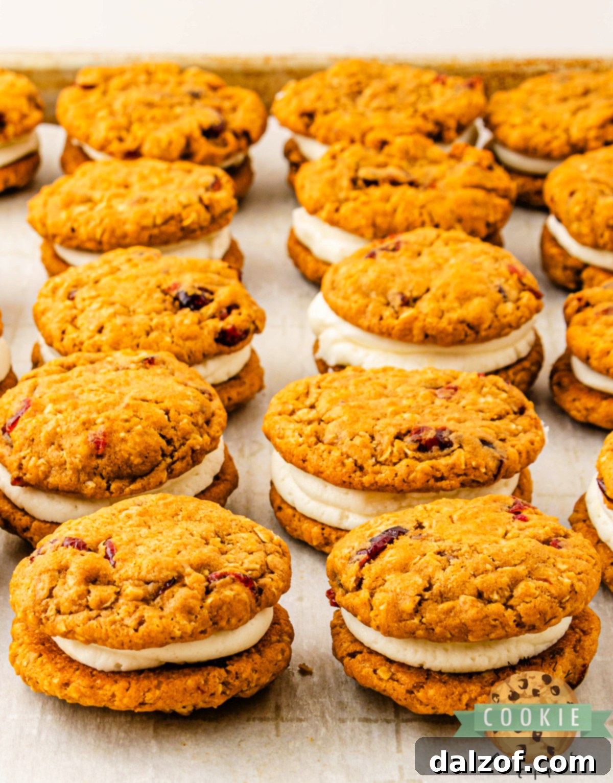 Pumpkin cranberry sandwich cookies with cream cheese filling arranged neatly on parchment paper.