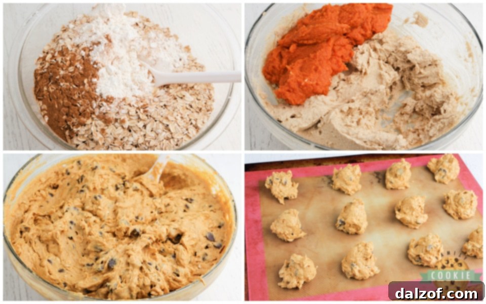 Step-by-step instructions on how to make soft and chewy pumpkin oatmeal chocolate chip cookies for fall.