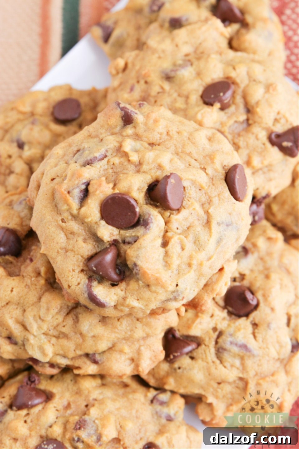 A stack of perfectly baked Pumpkin Oatmeal Chocolate Chip Cookies, soft, moist, and loaded with fall flavors.