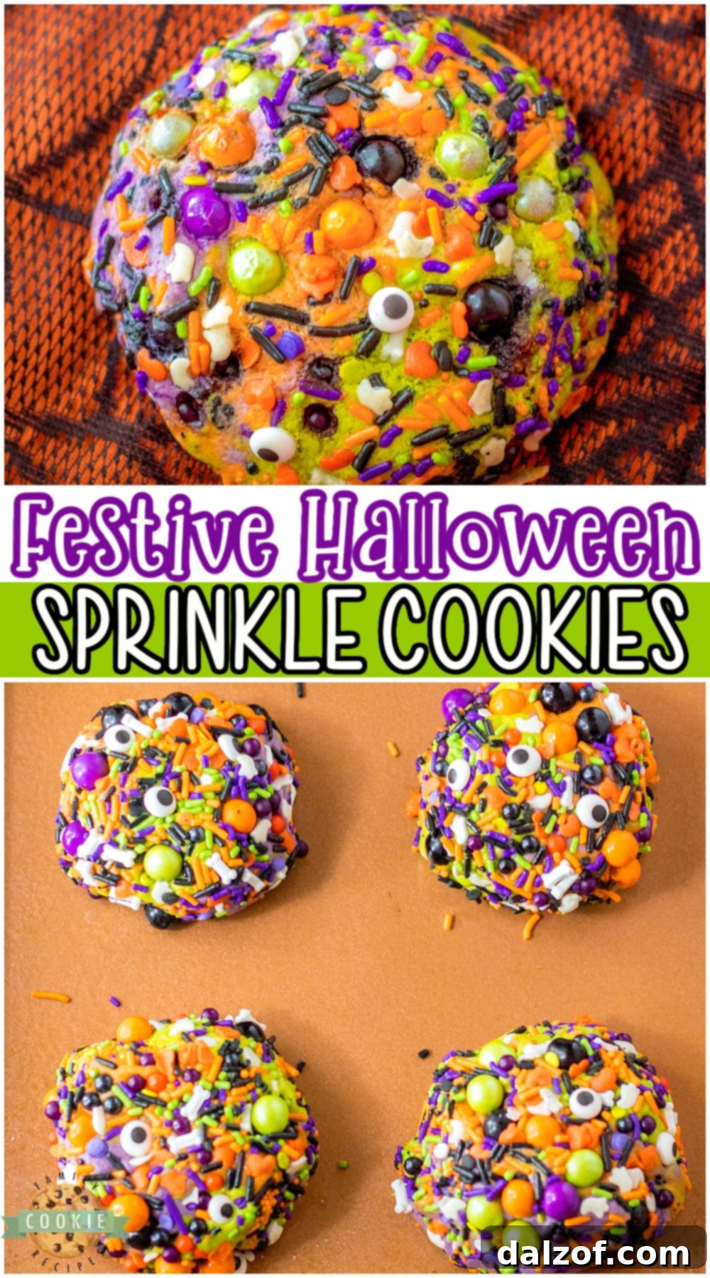A Pinterest-optimized image showcasing Halloween Sprinkle Cookies, emphasizing their buttery texture and festive sprinkles.