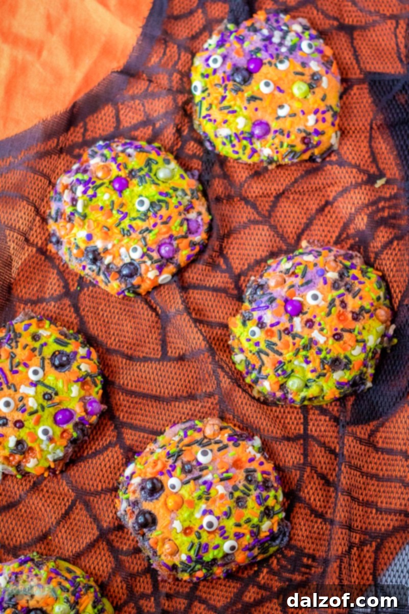 A close-up of a single Halloween Sprinkle Cookie showing the colorful swirled dough and white chocolate chips.