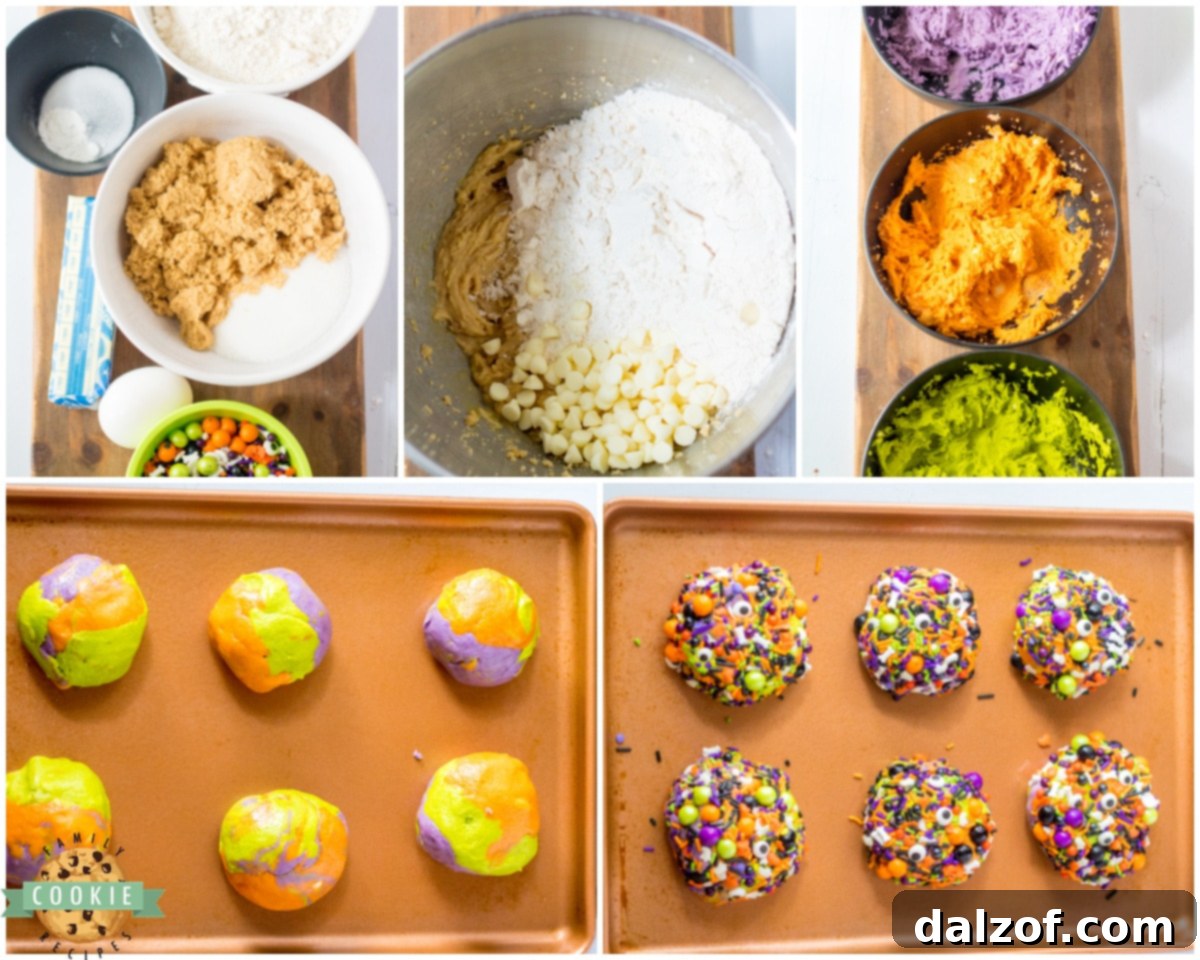 Step-by-step image showing how to divide and color the cookie dough for Halloween Sprinkle Cookies.