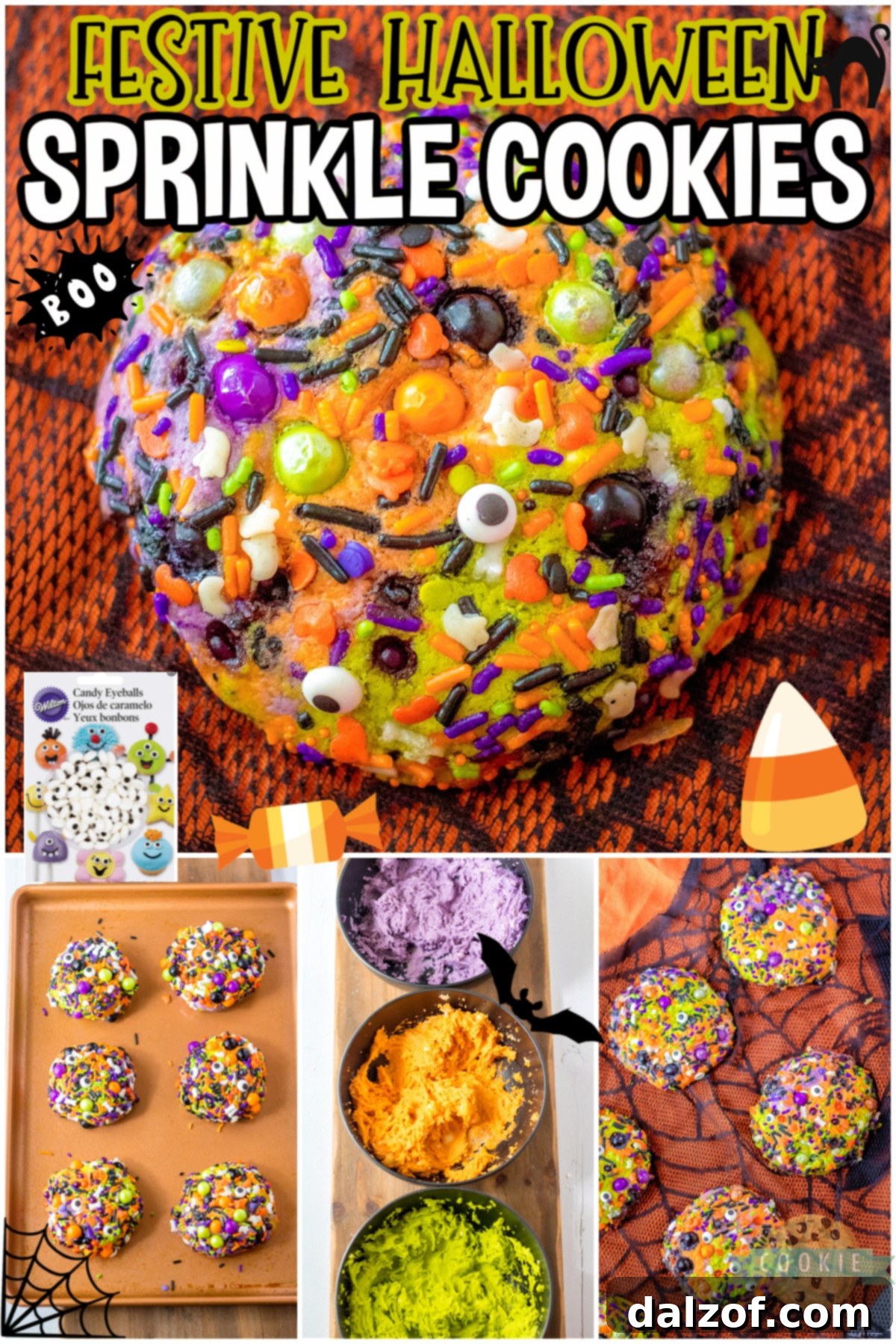 An array of freshly baked Halloween Sprinkle Cookies on a cooling rack, glistening with colorful sprinkles.