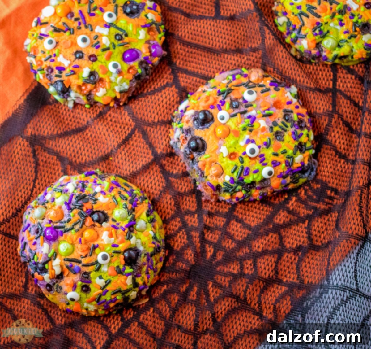 Close-up of a plate of Halloween Sprinkle Cookies, showcasing their colorful appeal and delicious texture.