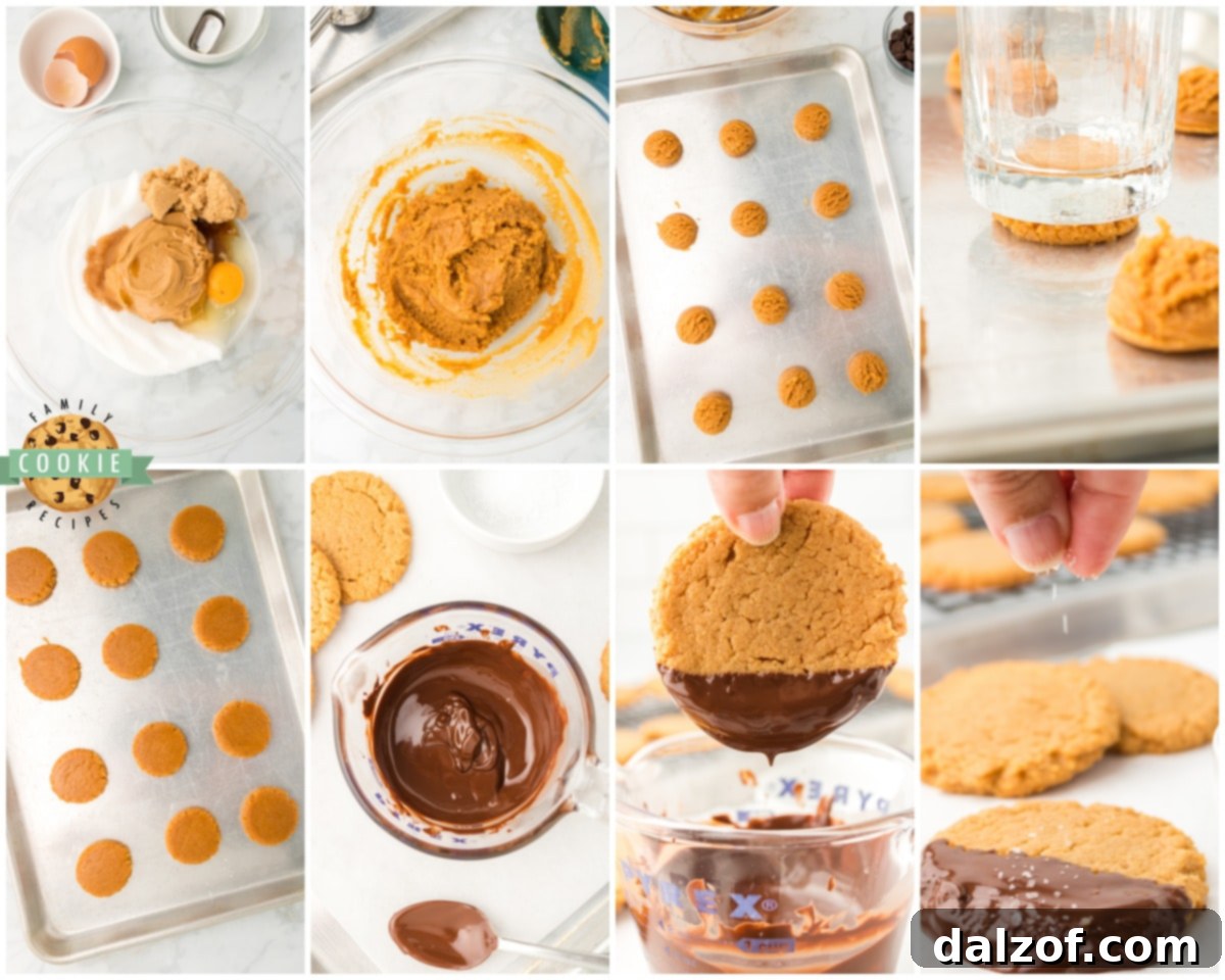 Step-by-step image showing how to flatten peanut butter cookie dough balls before baking.