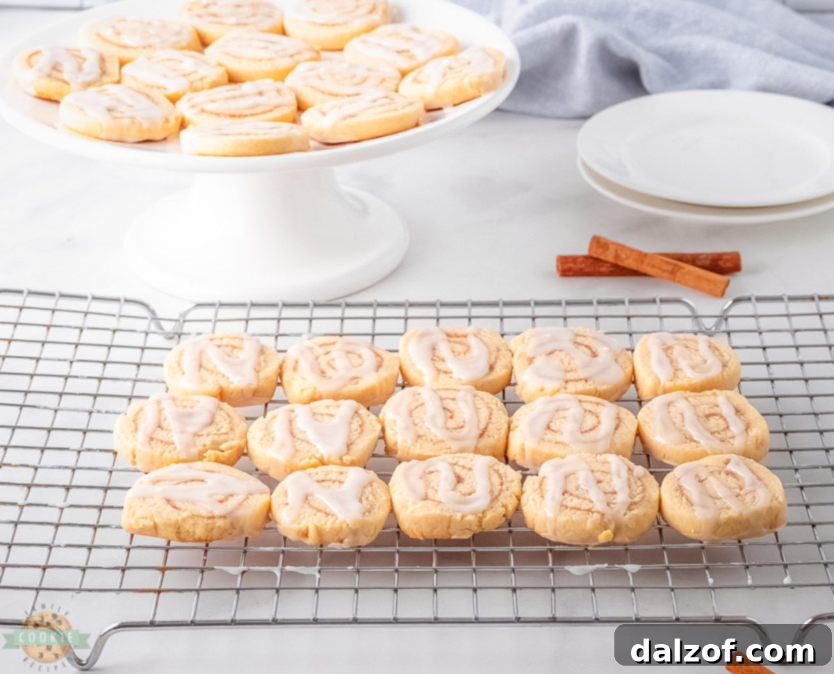A close-up view of perfectly formed cinnamon roll cookies with their signature swirl, waiting to be iced.