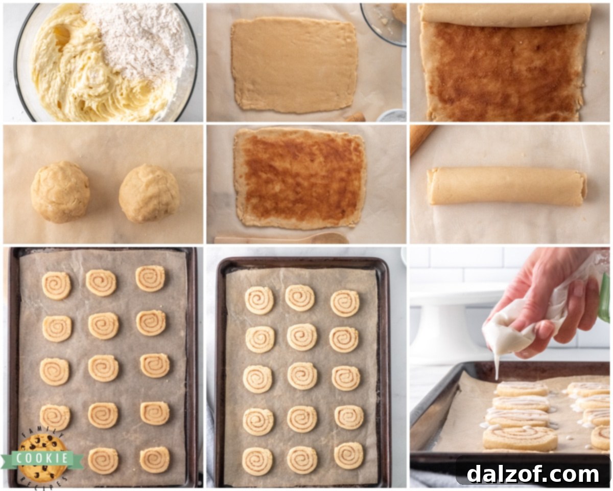 An overhead shot showing the process of spreading cinnamon sugar filling onto rolled-out cookie dough, a crucial step in making cinnamon roll cookies.