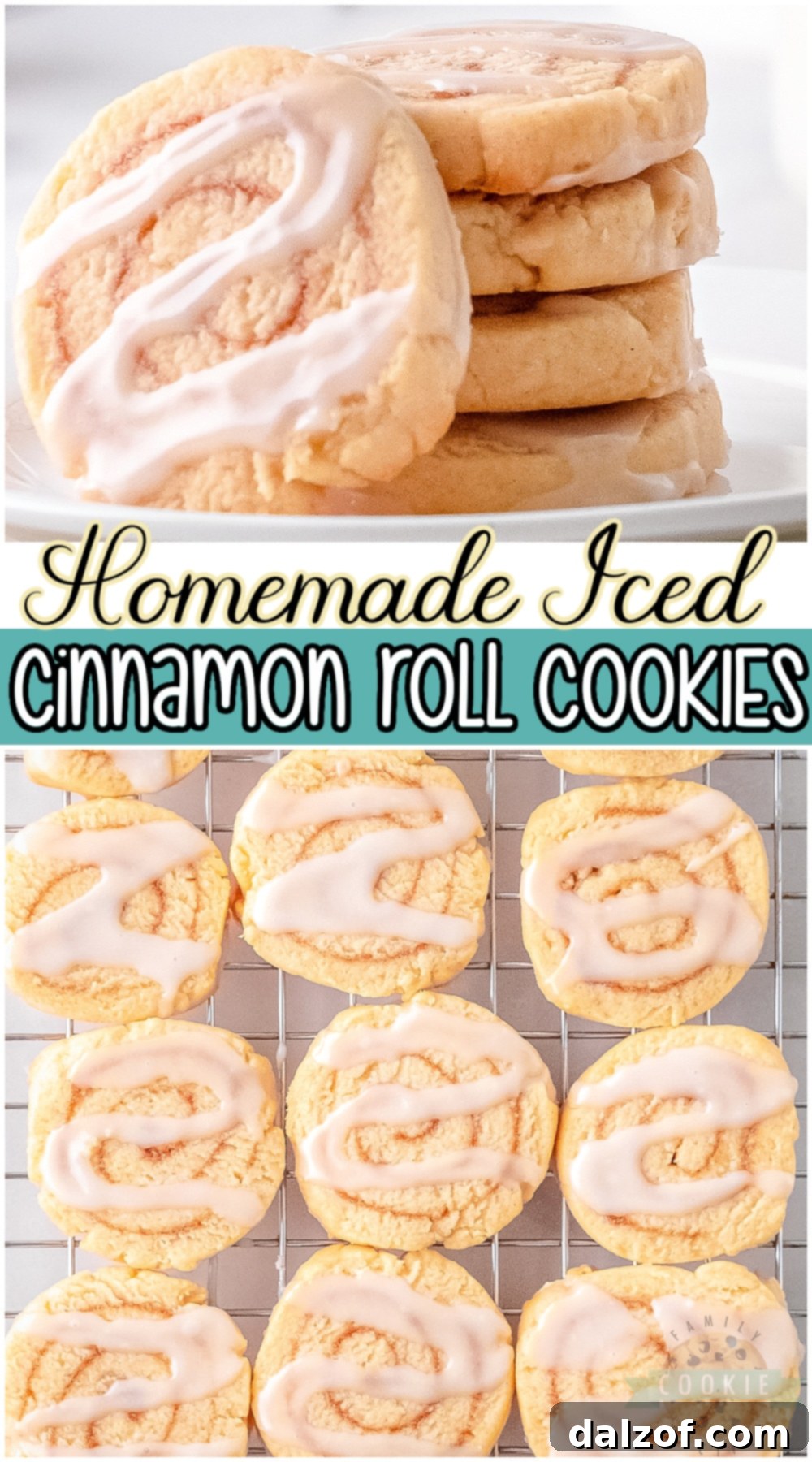 A Pinterest-optimized image featuring a stack of glazed cinnamon roll cookies, emphasizing their delicious appeal.
