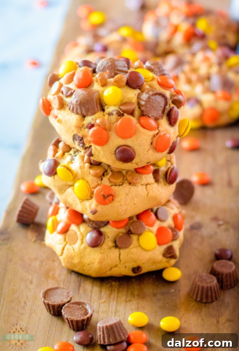 Two giant Reese's Peanut Butter Cookies stacked, showcasing their generous size and abundant toppings.