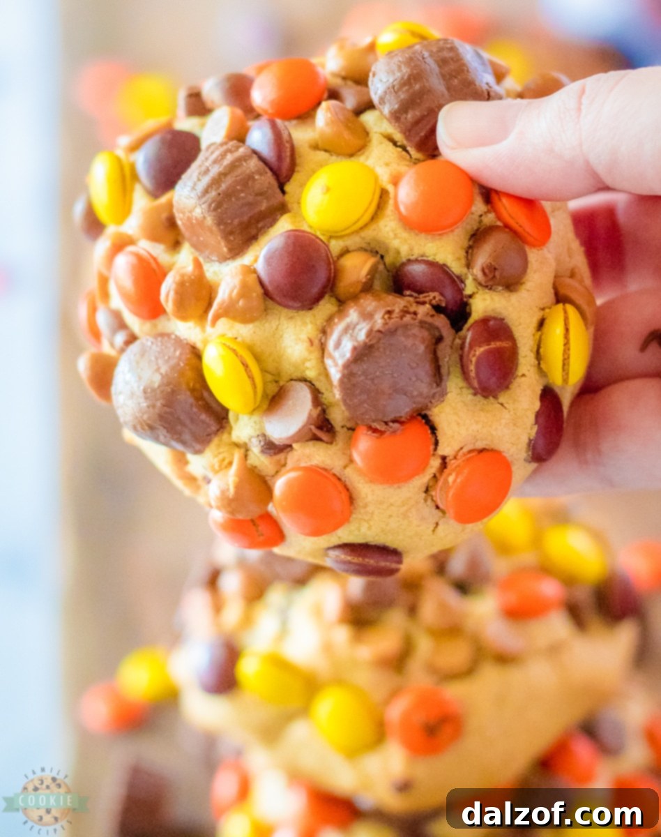 A bowl of cookie dough with Reese's Pieces and chocolate chips mixed in, ready for shaping.