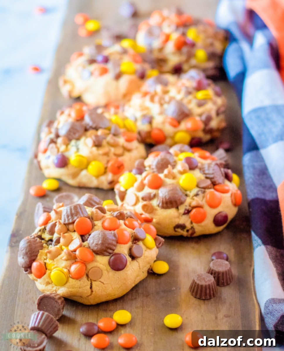 A giant Reese's Peanut Butter Cookie cooling on a wire rack, with other cookies blurred in the background.