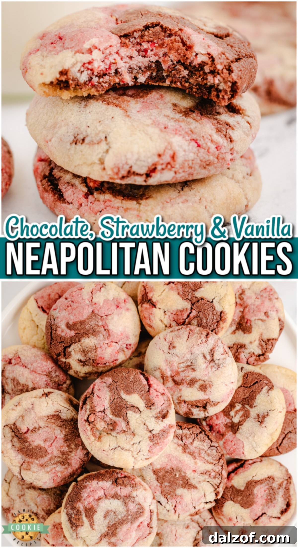 Neapolitan cookies are soft & chewy cookies that combine strawberry, chocolate & vanilla flavors, just like the popular ice cream flavor!