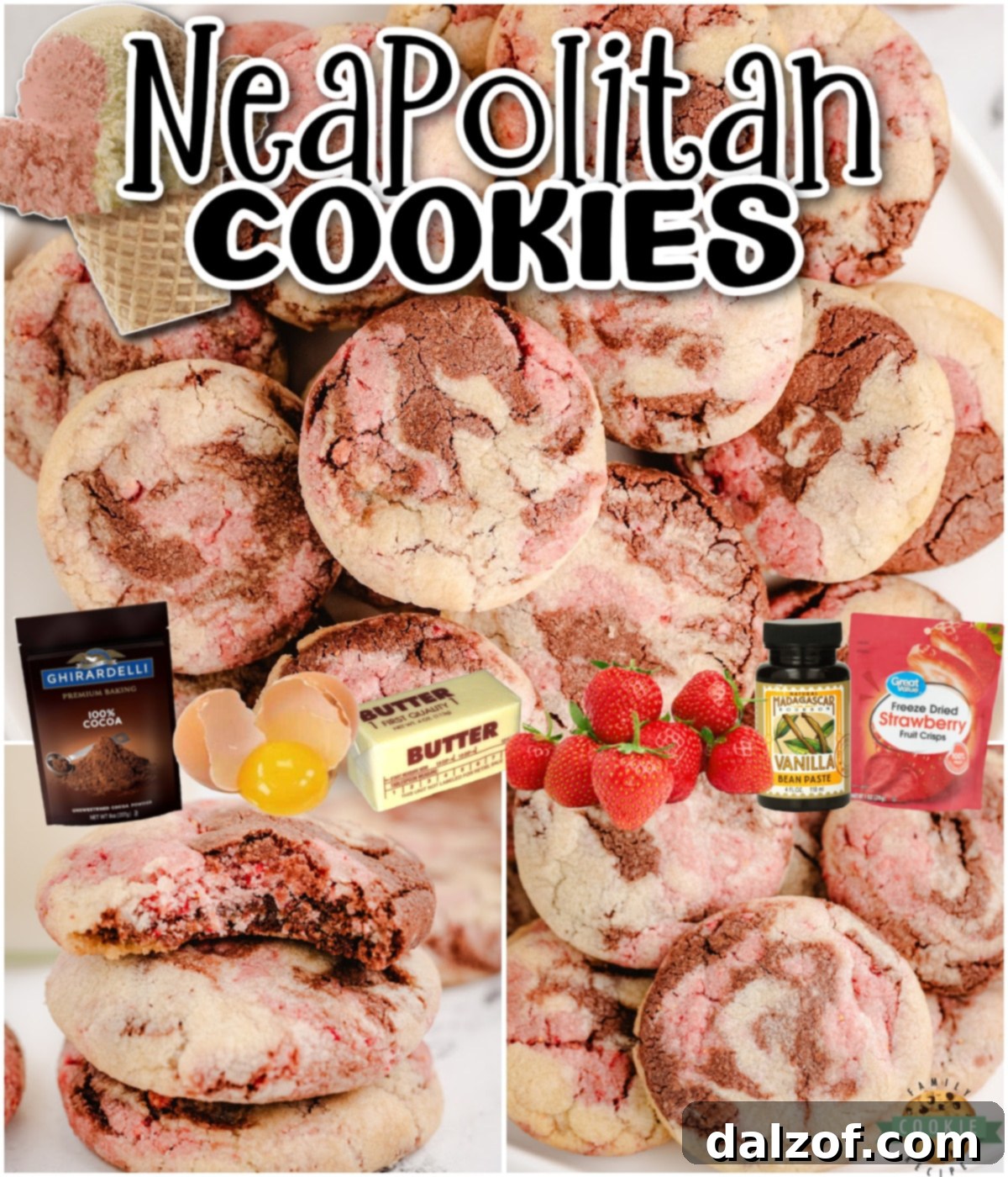 Neapolitan cookies are soft & chewy cookies that combine strawberry, chocolate & vanilla flavors, just like the popular ice cream flavor!