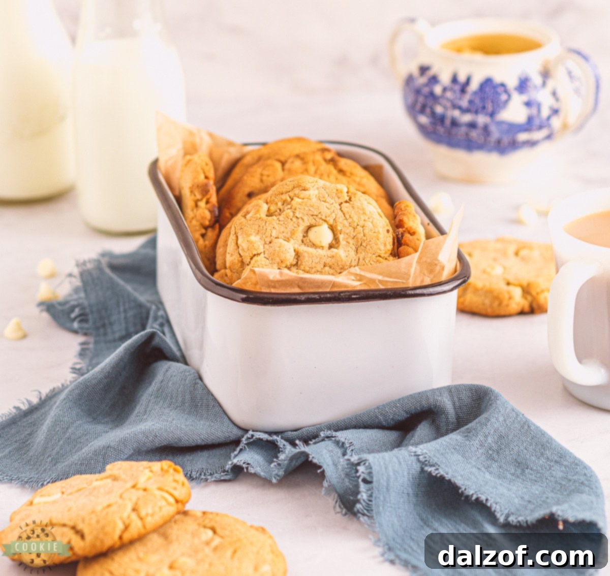 Close-up of baked white chocolate cinnamon cookies on a baking sheet