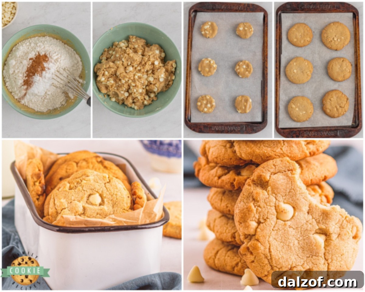 Ingredients and process for making crunchy white chocolate cinnamon cookies