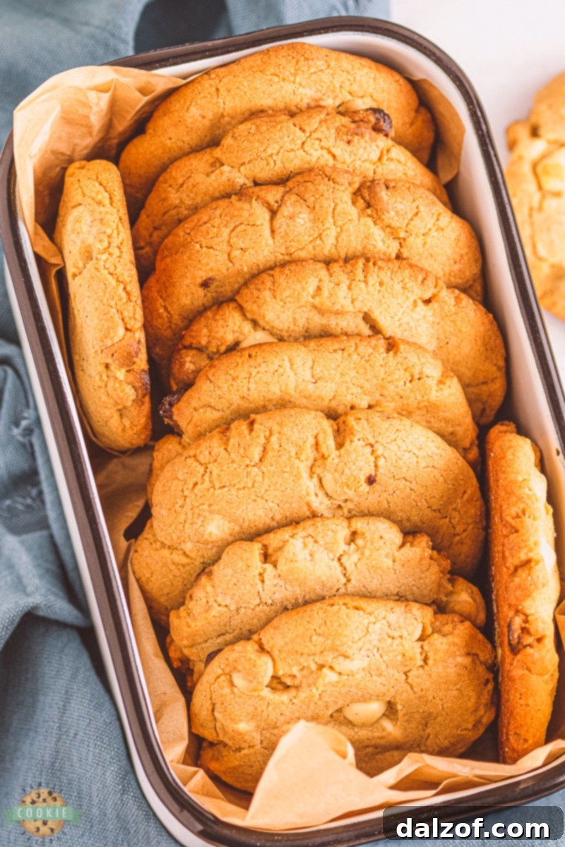 Stack of crunchy white chocolate cinnamon cookies with a bite taken out