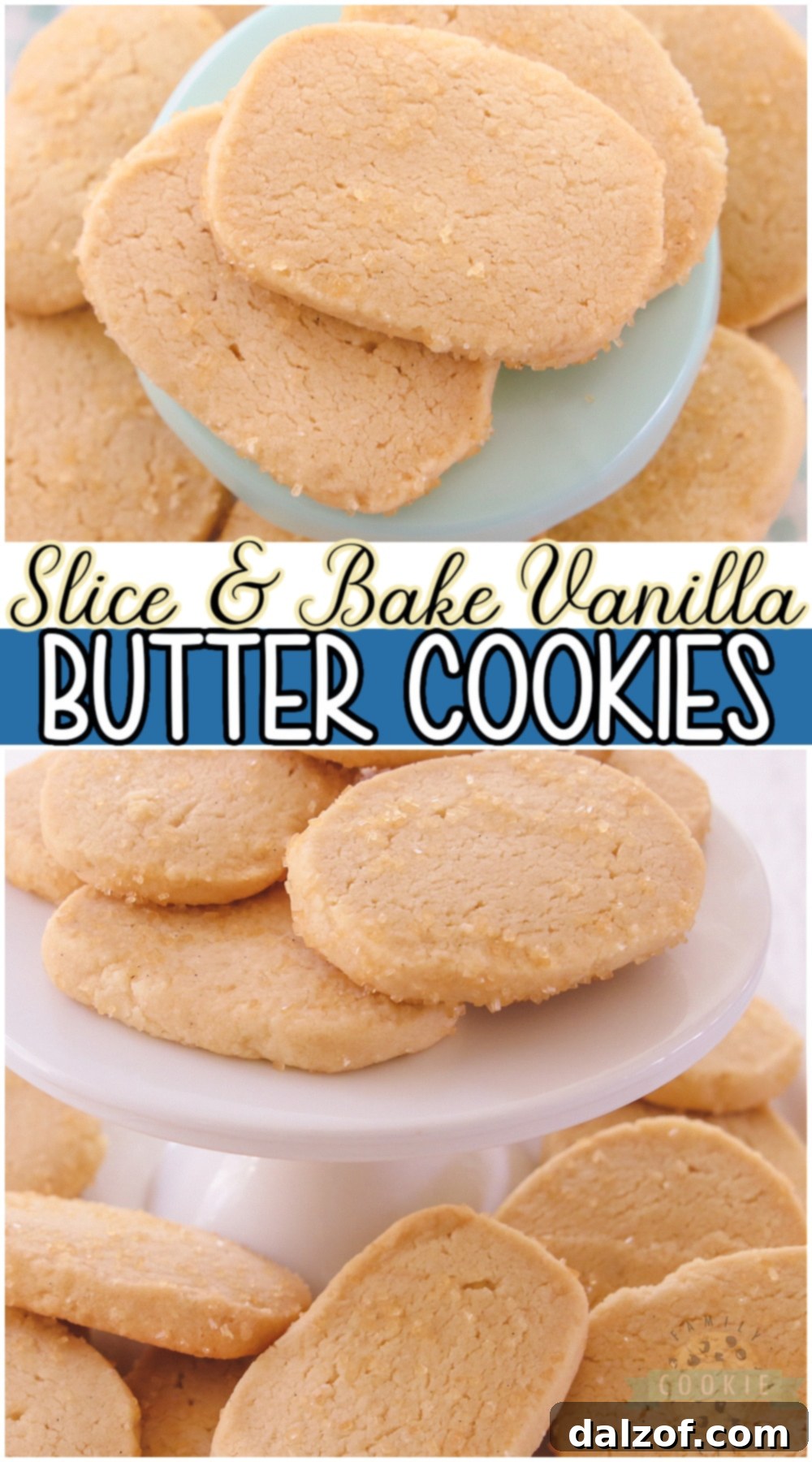 Close-up of golden vanilla slice and bake butter cookies on a white plate, perfect for pinning