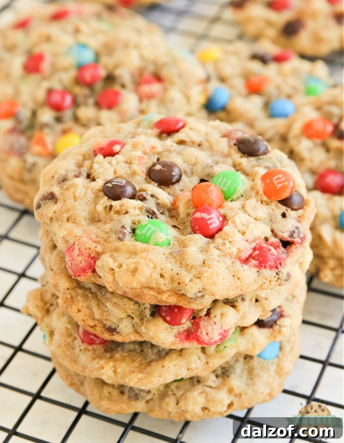 Close-up of freshly baked M&M Oatmeal Cookies on a cooling rack, showcasing their soft texture and colorful candies.