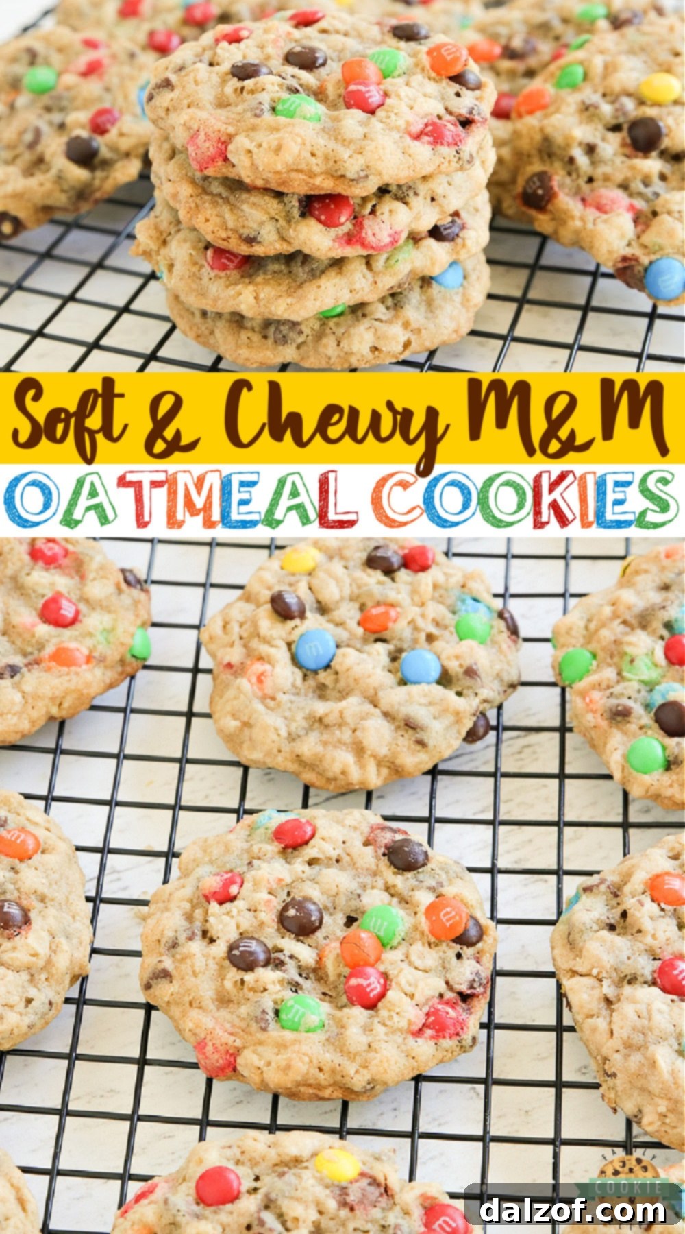 A large pile of M&M Oatmeal Cookies on a white plate, highlighting their visual appeal.