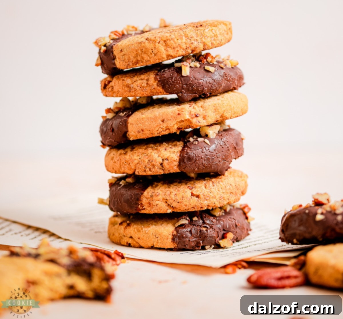 Stacked Pecan Sandies with chocolate dip