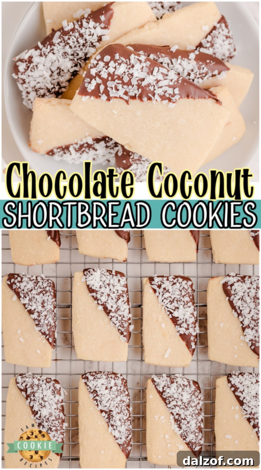 Coconut shortbread cookies are buttery, crisp shortbread cookies with fantastic coconut flavor! They're dipped in chocolate & dusted with more coconut for a delicious cookie combination.
