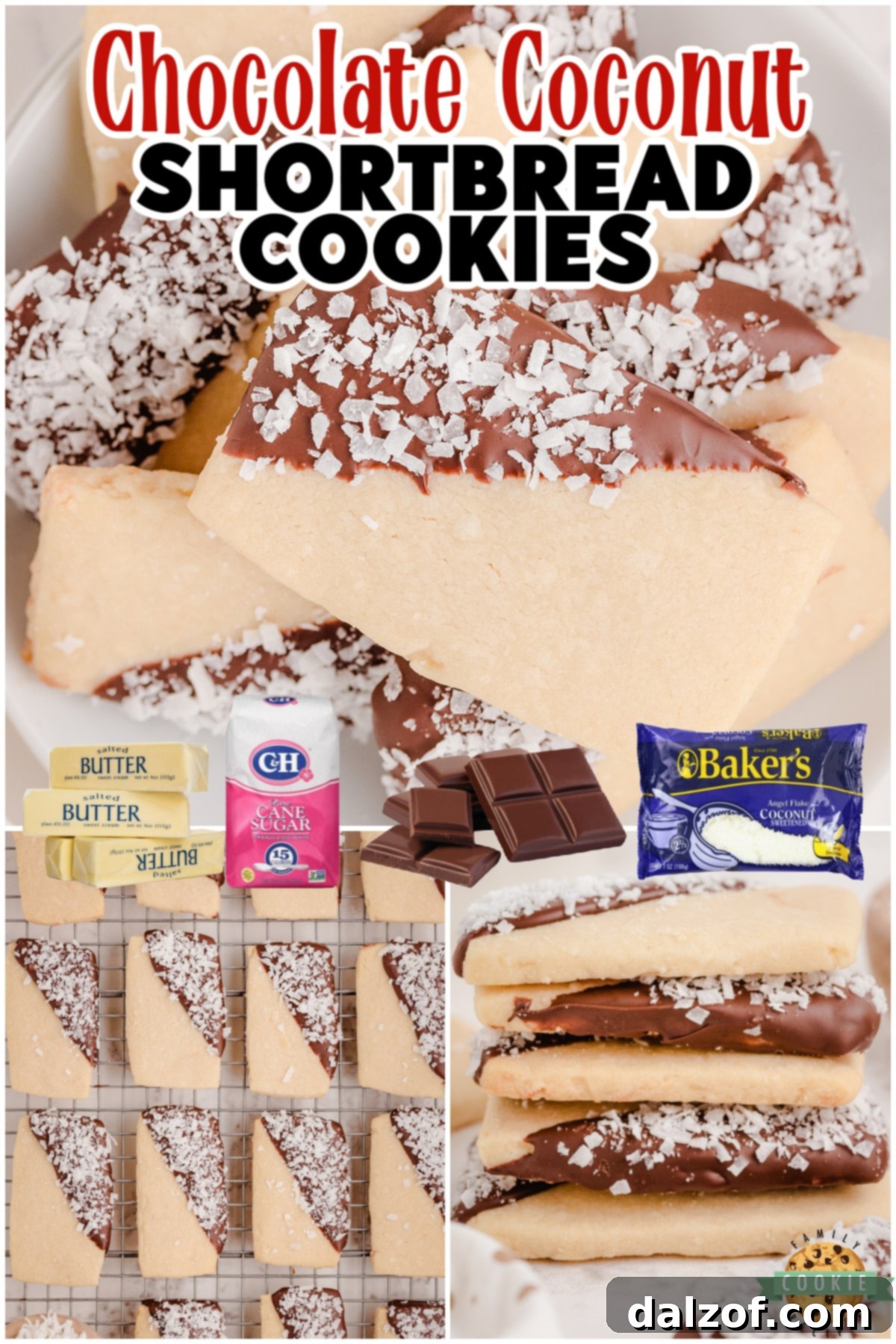 Coconut shortbread cookies are buttery, crisp shortbread cookies with fantastic coconut flavor! They're dipped in chocolate & dusted with more coconut for a delicious cookie combination.