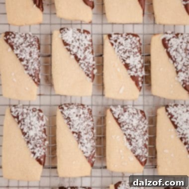 chocolate dipped coconut shortbread cookies on a cooling rack