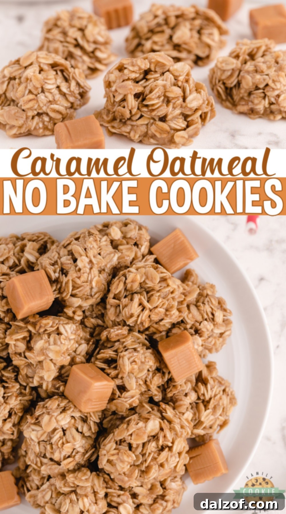 A large batch of Caramel Oatmeal No Bake Cookies artfully arranged, showcasing their simple beauty and inviting caramel glaze.