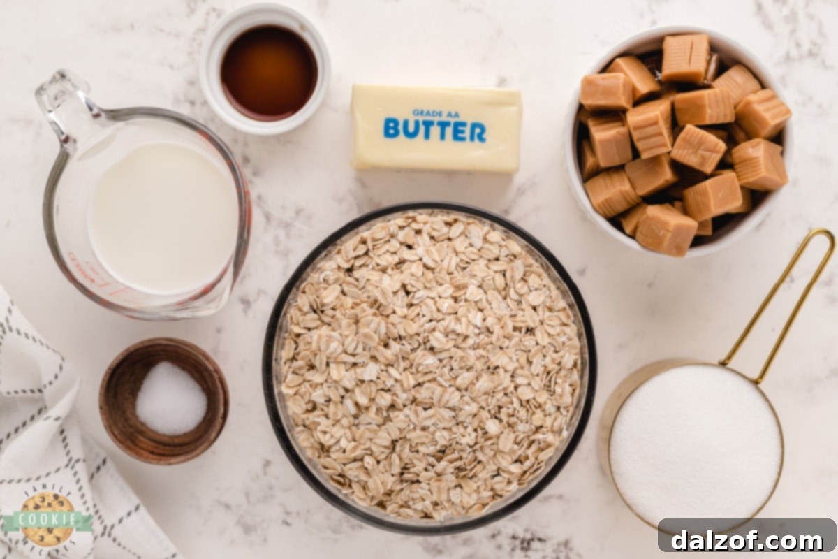 All the essential ingredients for Caramel Oatmeal No Bake Cookies laid out: butter, milk, sugar, vanilla, salt, caramels, and quick oats.