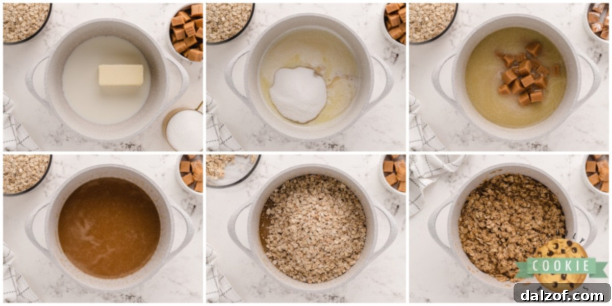 Step-by-step imagery showing the process of making no bake cookies, from boiling the mixture to dropping it onto wax paper.