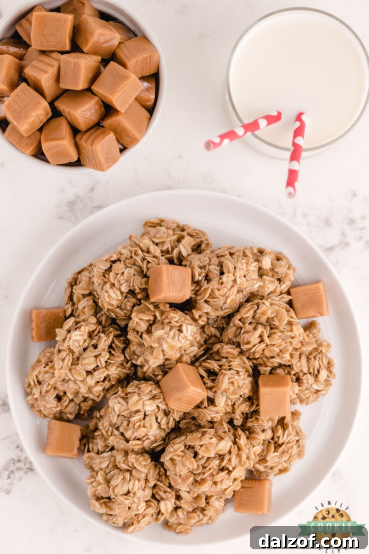 A selection of Caramel Oatmeal No Bake Cookies, showcasing their appealing golden-brown color and satisfying texture, made with quick oats and melted caramel.