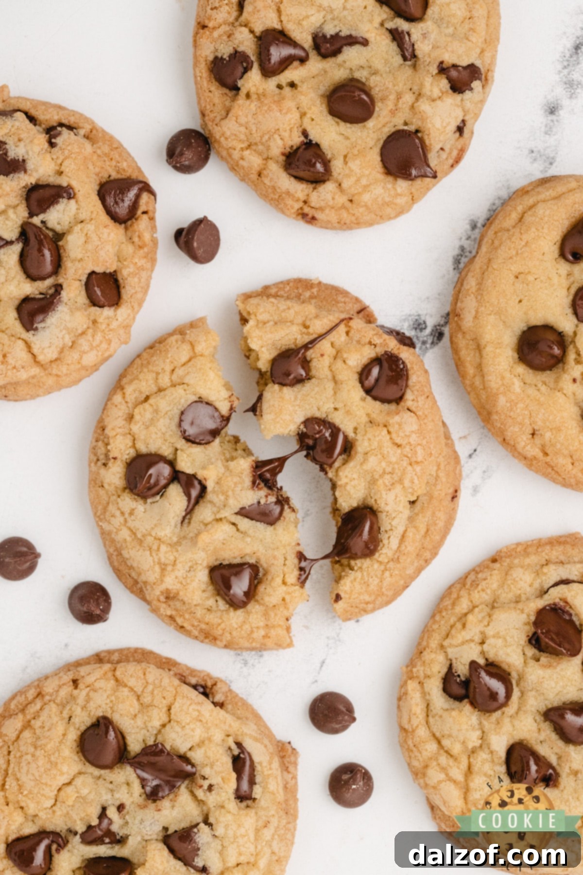 Close-up of a chocolate chip cookie torn in half showing gooey, melty chocolate chips and a soft, chewy center, perfect for showcasing the best chocolate chip cookies.