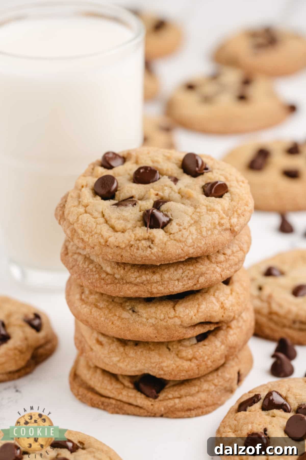 Stack of soft chocolate chip cookies, showing chewy texture and golden-brown edges.