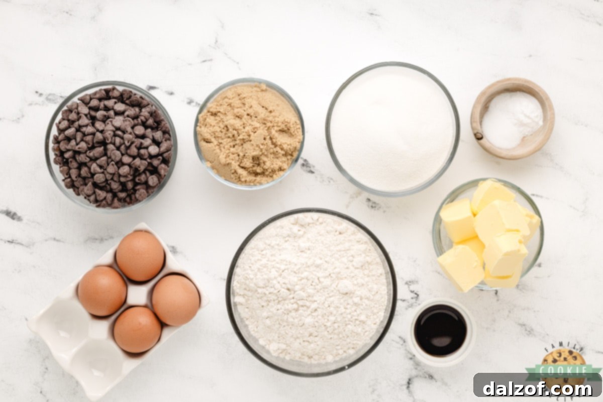 Ingredients for the Best Chocolate Chip Cookies recipe, neatly laid out.