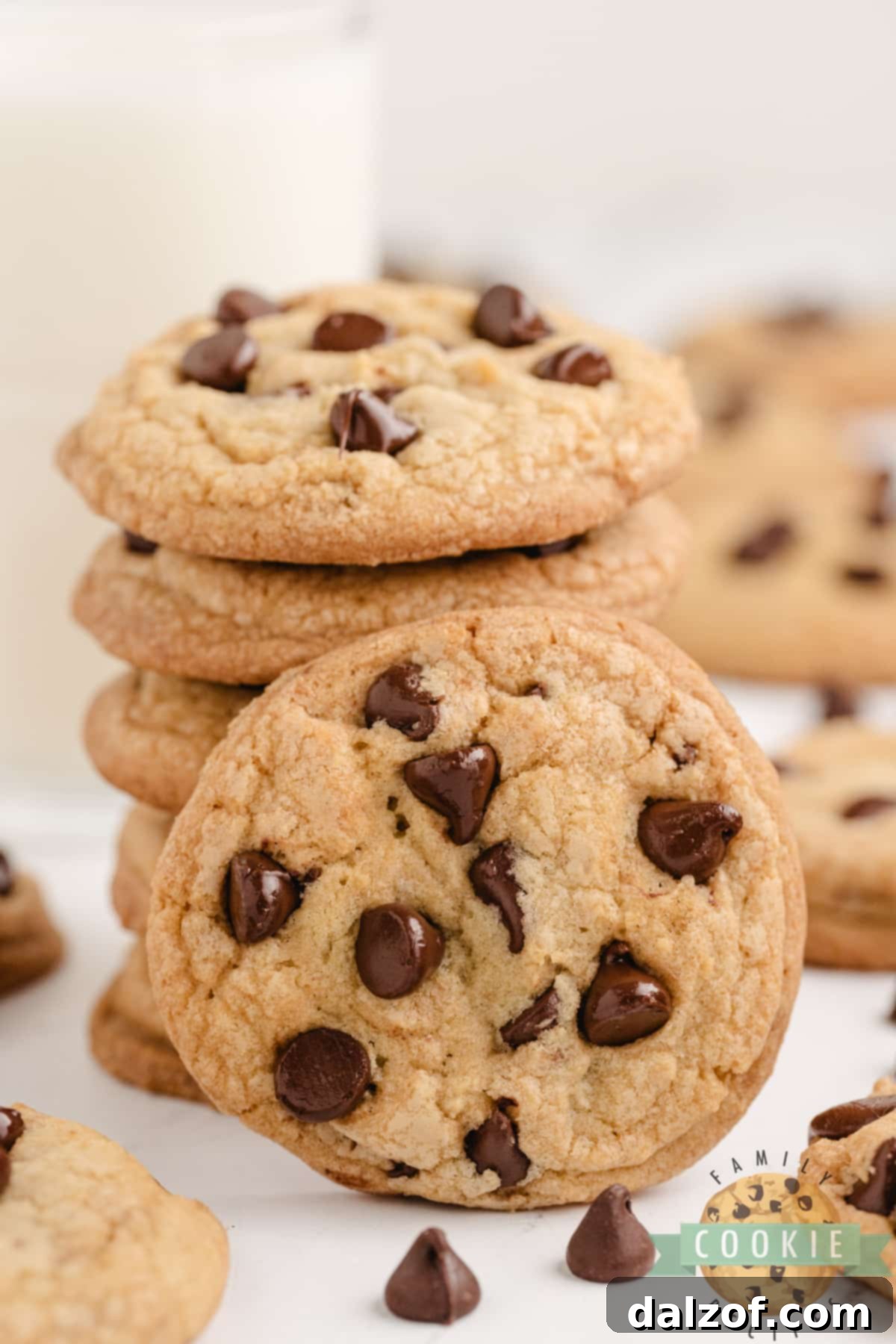 Chewy chocolate chip cookies with crisp edges and soft centers, beautifully arranged.