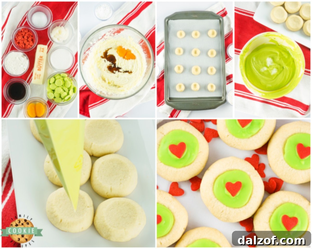 Grinch Thumbprint Cookies dough balls with thumbprints before baking.