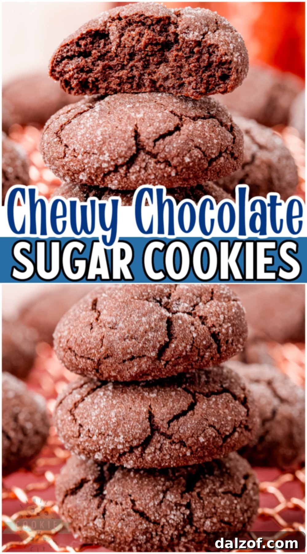 Pin-worthy image of Dark Chocolate Sugar Cookies with a crinkled, sugary top