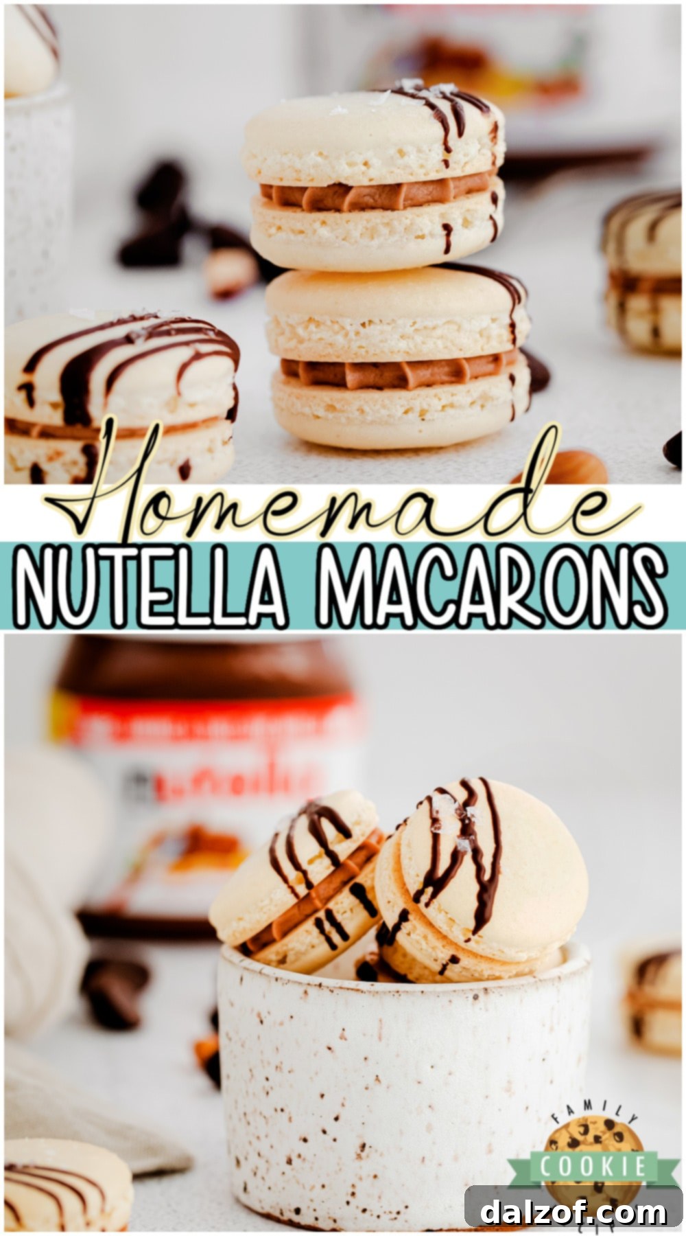 Nutella macaron recipe made from scratch & sure to impress! Delicate French cookies filled with a Nutella cream & drizzled with chocolate! 