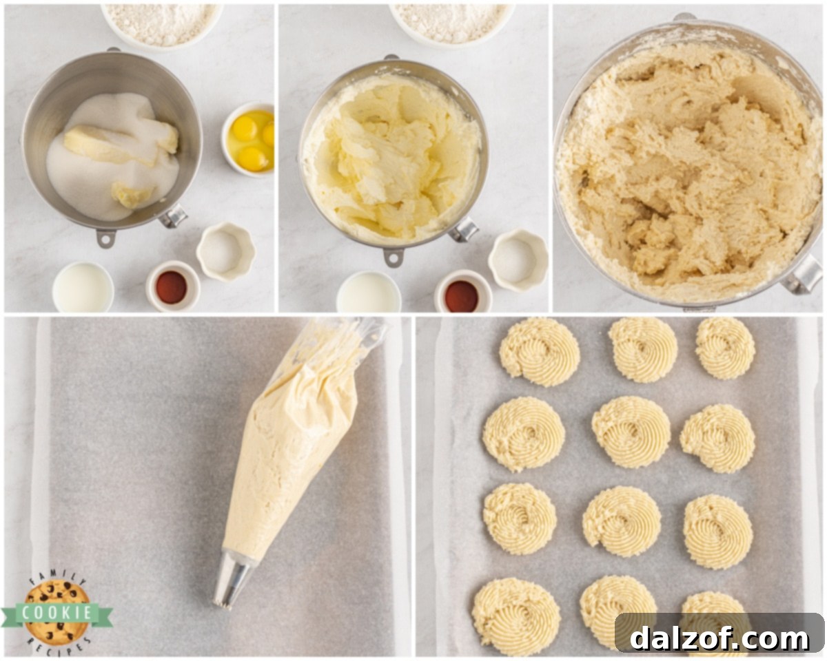 Golden Delights: Butter Cookie Recipes 4 A step-by-step image showing how to make classic butter cookies, from mixing ingredients to piping the dough.