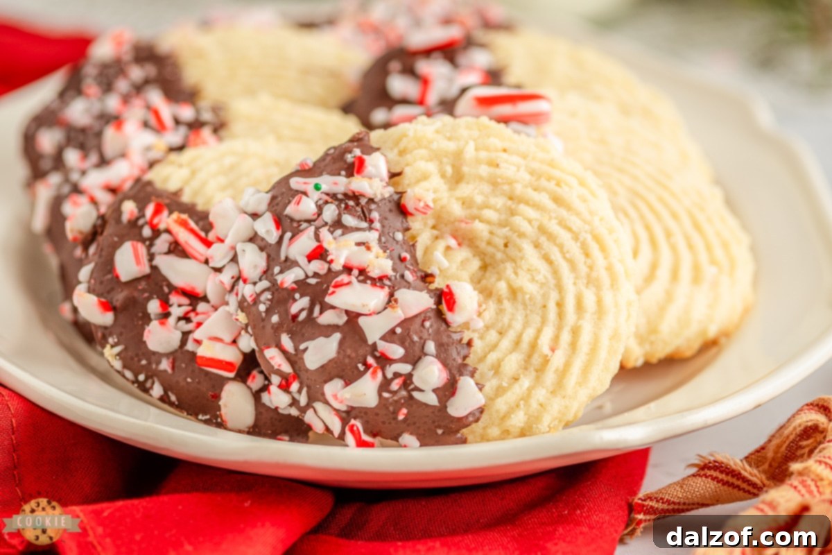 Peppermint Butter cookies, chocolate-dipped and candy cane topped for a festive holiday treat