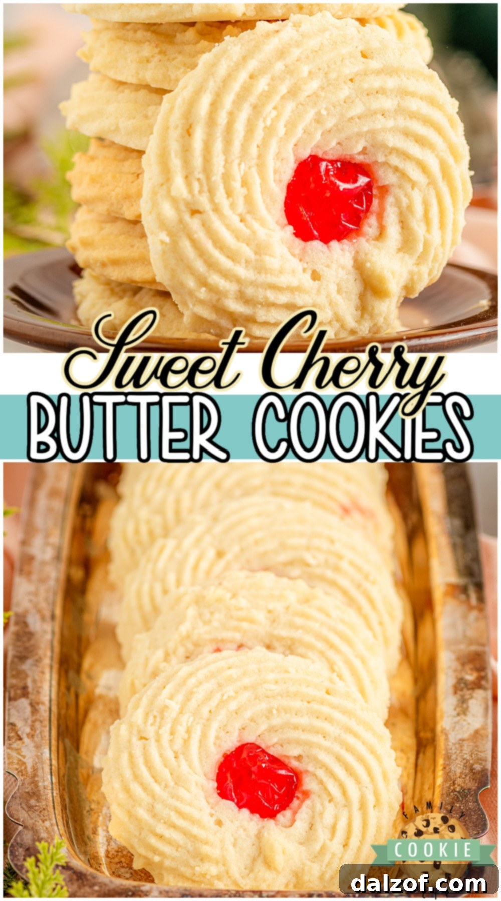 A beautifully arranged stack of Cherry Butter Cookies, highlighting their elegant presentation and vibrant cherry