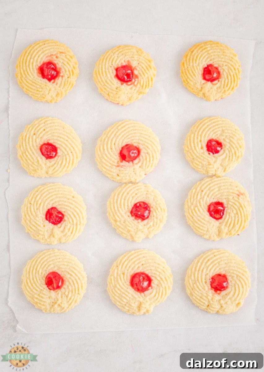 Rows of piped Cherry Butter Cookies with cherries, chilling on a baking sheet before baking