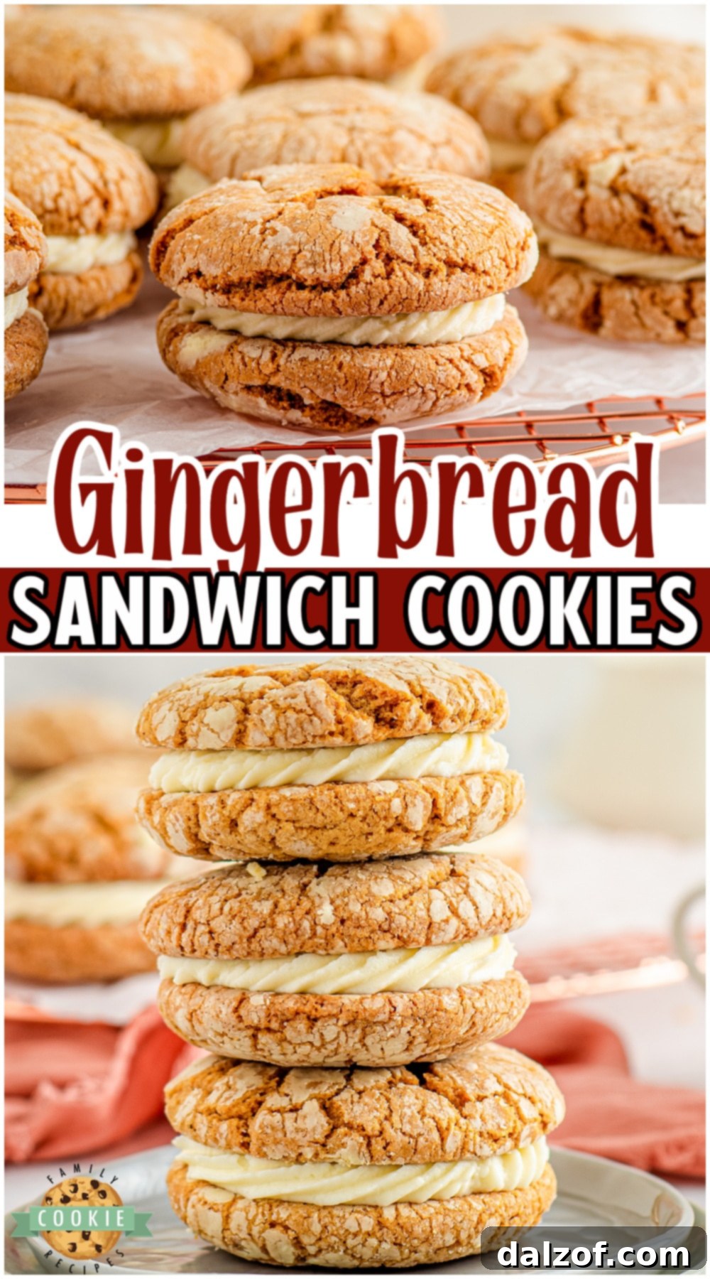 Soft Gingerbread Sandwich Cookies made with classic ingredients like molasses & cinnamon, then filled with a vanilla cream cheese buttercream! Fantastic holiday cookies!