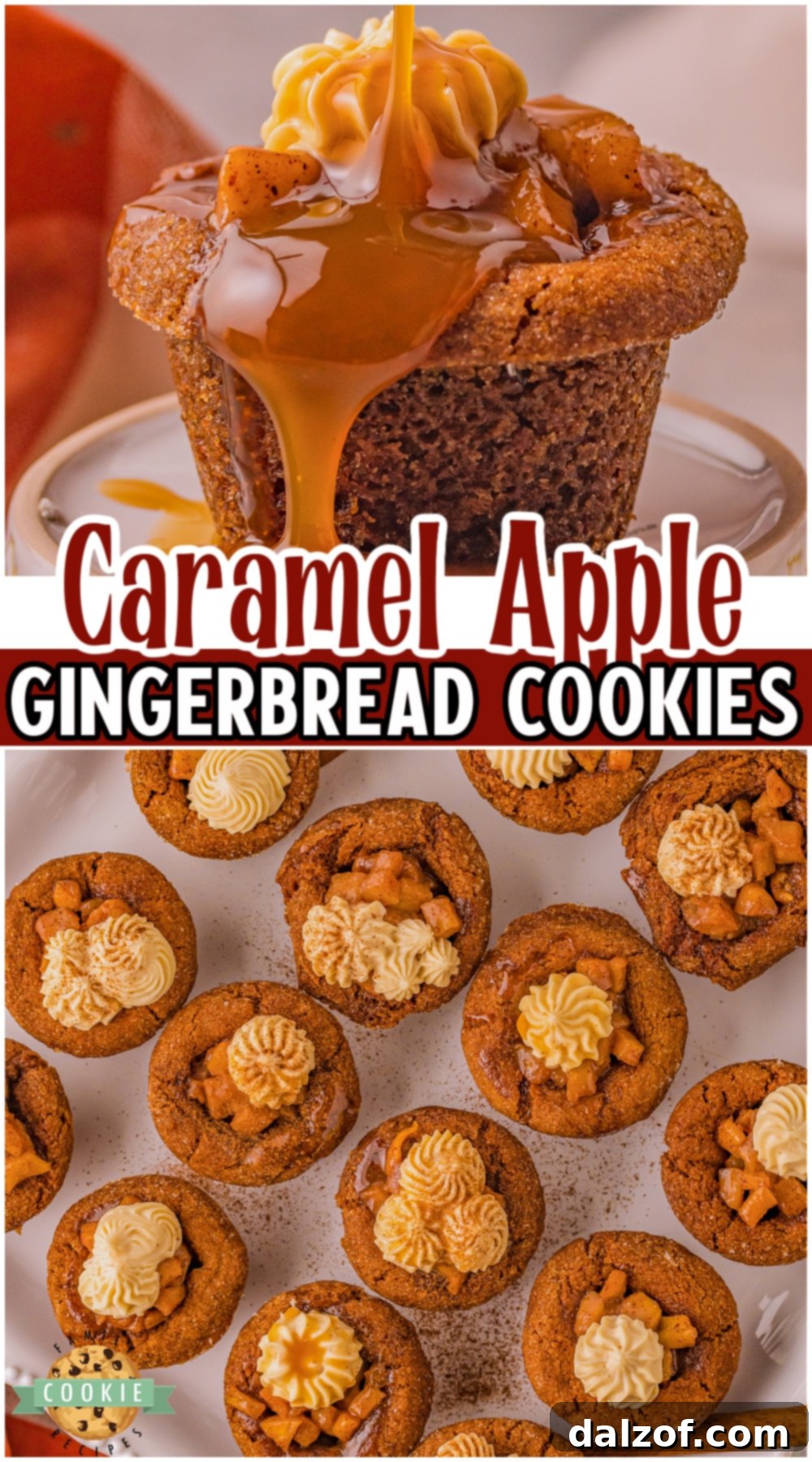A stunning final shot of Caramel Apple Gingerbread Cookie Cups, beautifully frosted and drizzled with caramel, showcasing their inviting appearance