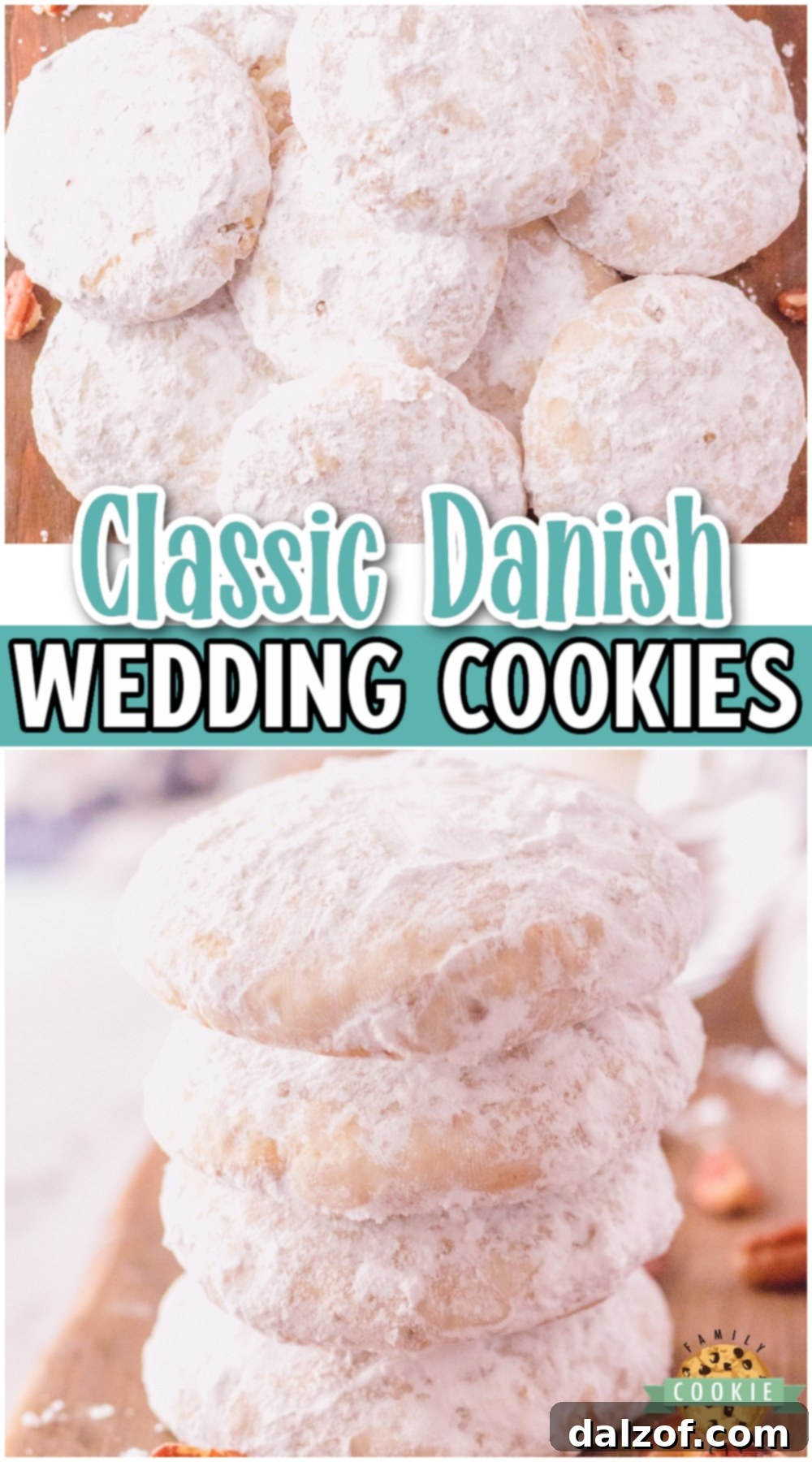 Classic Danish Wedding Cookies made with flour, butter, pecans & powdered sugar! Simple buttery cookie ball rolled in powdered sugar with just a touch of warm cinnamon flavor. Perfect for butter pecan lovers!