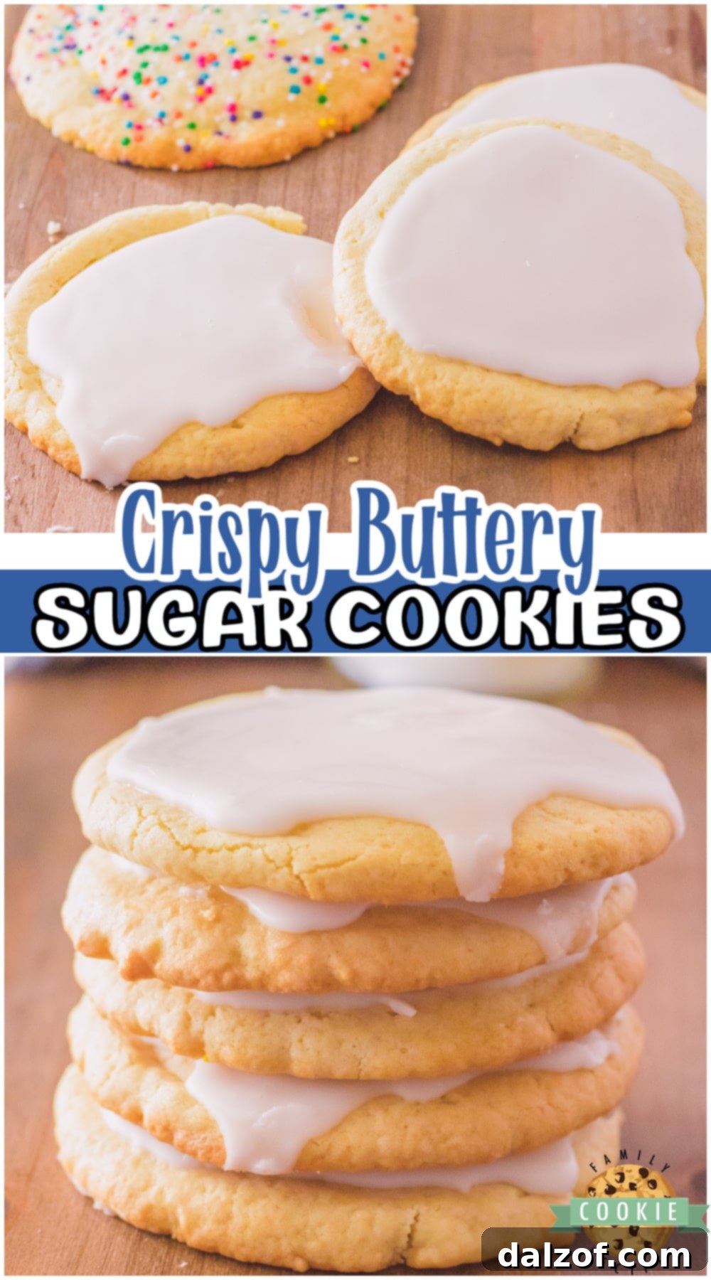 Crispy sugar cookies with lovely buttery crisp texture and flavor! Crisp cookies made from scratch with classic ingredients like butter, sugar & eggs, then baked to golden brown perfection! Pin this recipe for later!